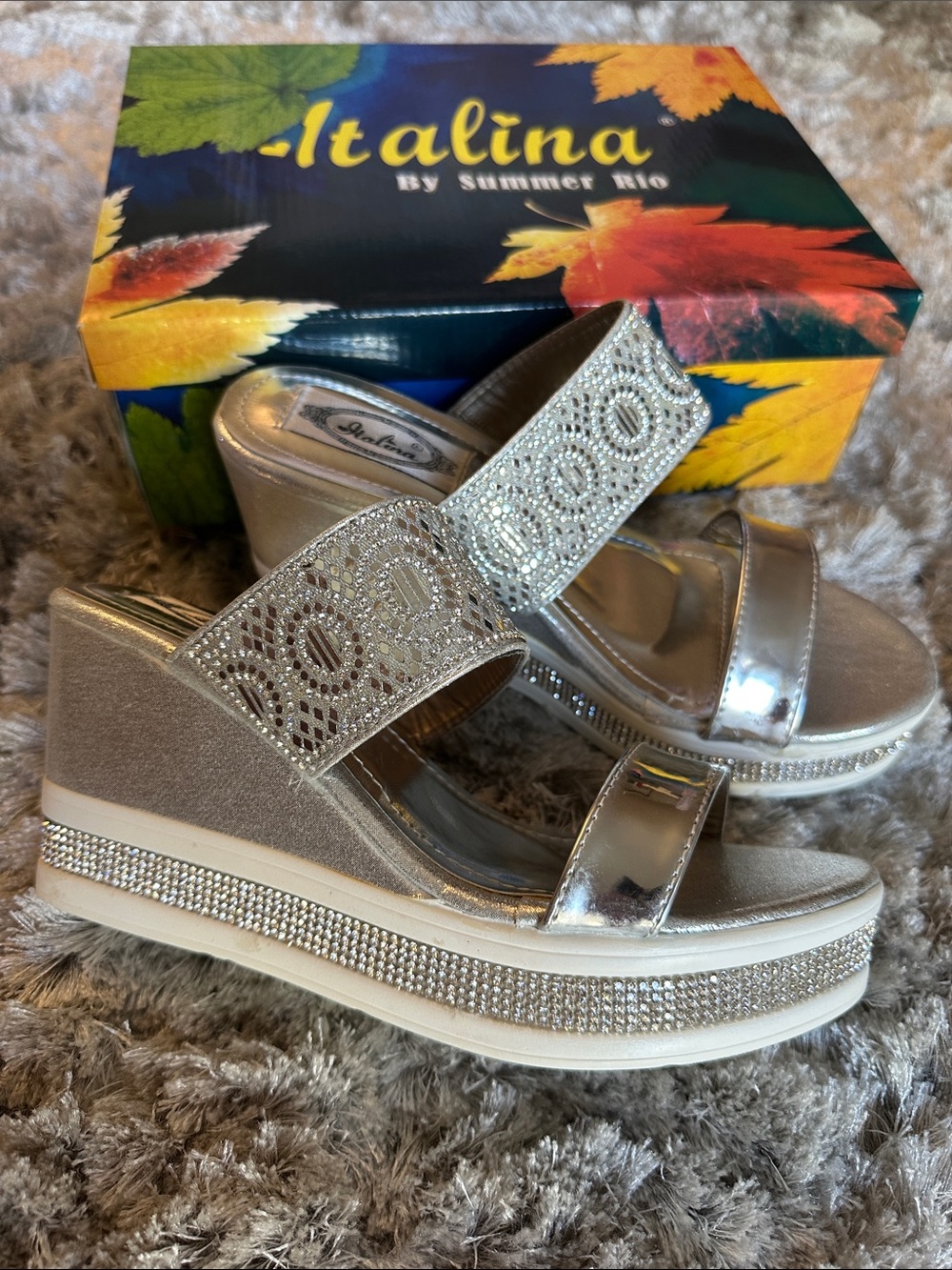 Italina Silver Crystal Rhinestone Wedge Sandals Size 8 NIB